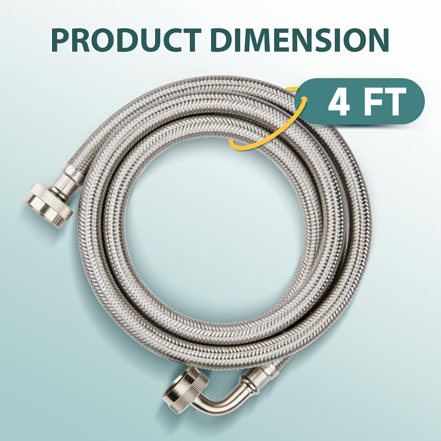 Washing Machine Hoses 4ft, 1 Pack Braided Stainless Steel Washer Hoses with 90 Degree Elbow, Hot and Cold Washer Supply Line, Universal Flexible Laundry Machine Hose for All Washing Machine
