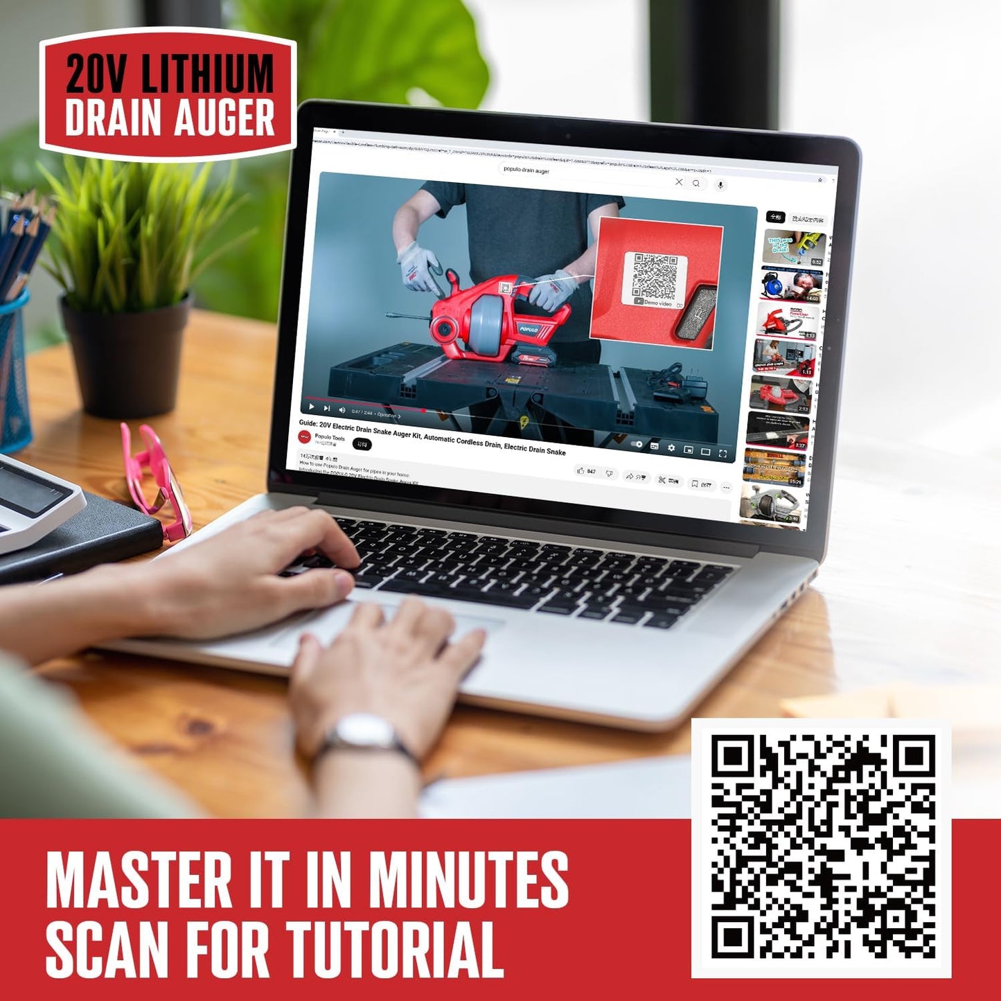 POPULO 20V Cordless Electric Drain Auger-Efficient 25Ft Auto-Feed Drain Snake with Replaceable Cable,2.0Ah Battery,Charger,Storage Bag & Gloves for Kitchen,Bathroom,Shower Pipes (3/4"-2")"