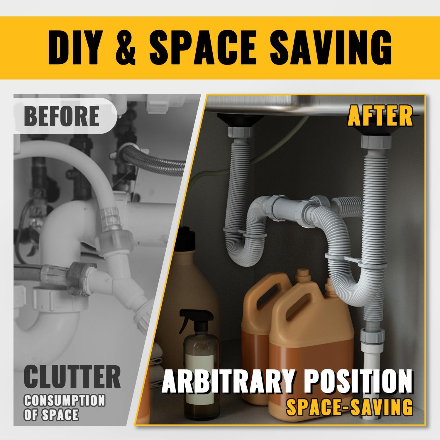 VIVIDA Double Sink Drain Pipe Kit, 1-1/2" Flexible Drain Pipe, 11"-31.5" Expandable Flexible P Trap for Double Kitchen Sink, 1-1/4" Adapter Included, Gray, 1 PACK