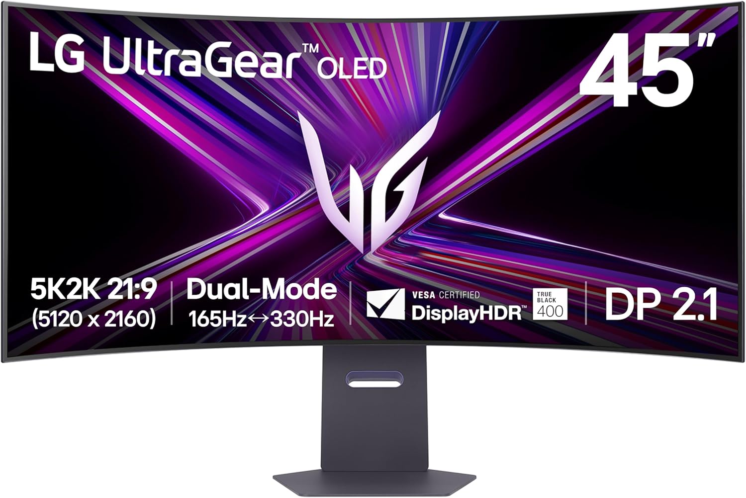 LG 45GX950A-B 45-inch Ultragear 5K2K WUHD (5120 x 2160) OLED Curved Gaming Monitor, Dual-Mode, 165Hz, 0.03ms, NVIDIA G-Sync, AMD FreeSync Premium Pro, HDR True Black 400, USB Type-C 90W, DP2.1, Black