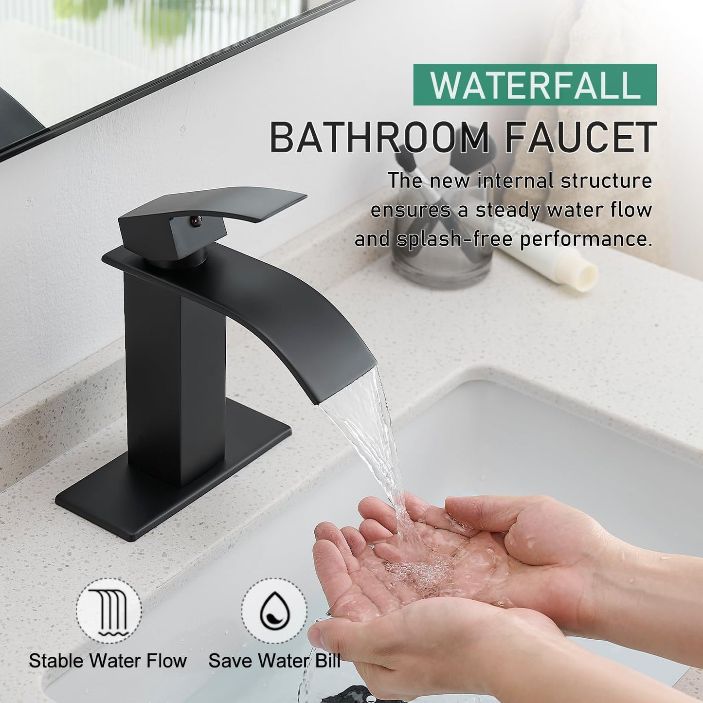 VOTON Black Bathroom Faucets Modern Waterfall Bathroom Sink Faucet Matte Black Single Handle Bathroom Faucet for 1 or 3 Holes with Deck Plate and Pop-Up Drain, Rv Sink Camper Farmhouse Bathroom Faucet