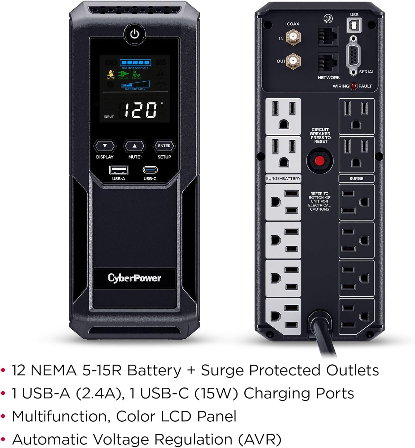 CyberPower CP1500AVRLCD3 Intelligent LCD UPS System, 1500VA/900W, 12 Outlets, 2 USB Ports, AVR, Mini Tower, Black