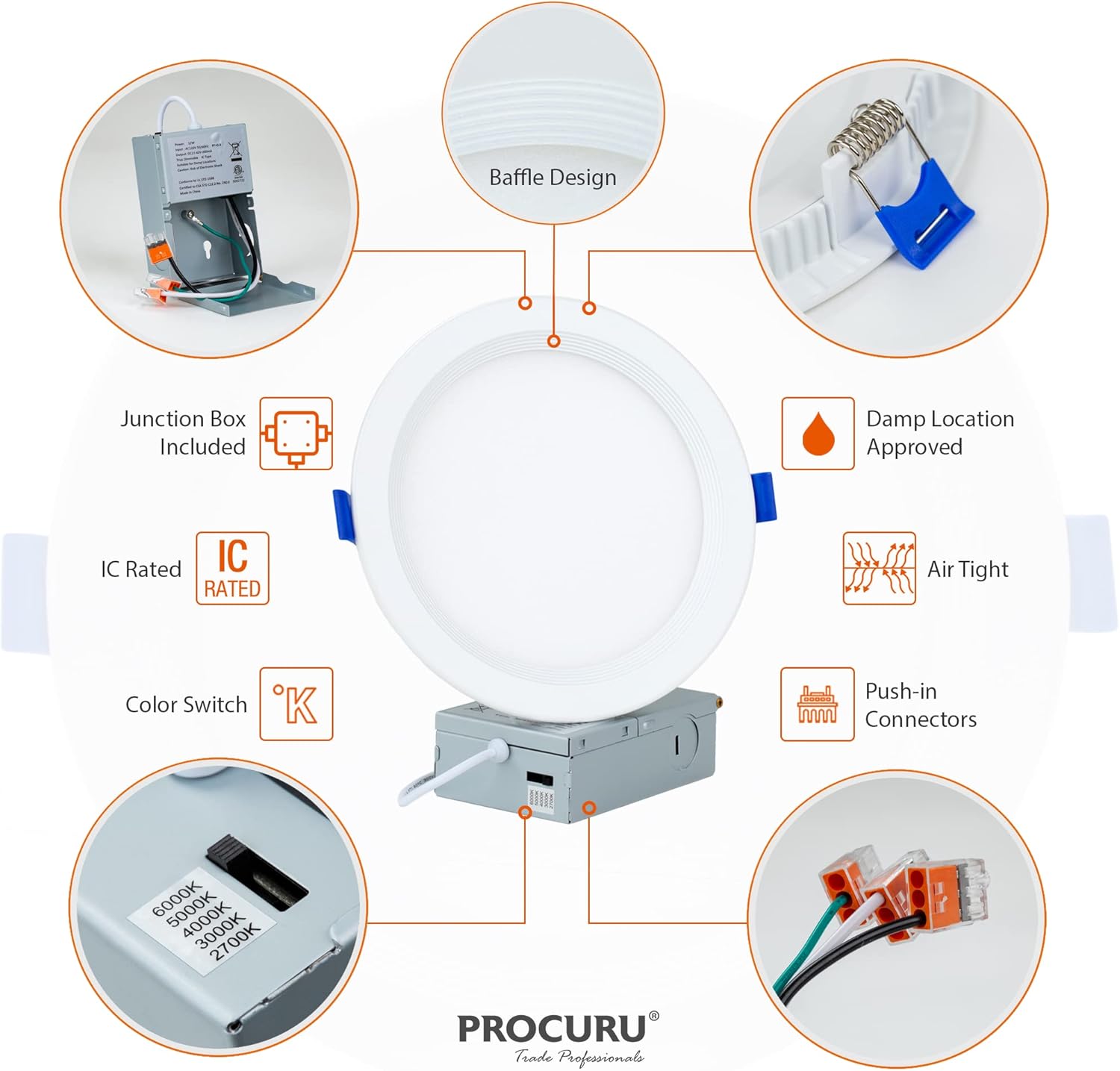 PROCURU Professional 24-Pack 6-Inch 2700K-6000K 5CCT 12W LED, Baffle Style, Heavy Duty Ultra-Thin Recessed Ceiling Slim Downlight, Dimmable, White Trim (VSB65W-24P)