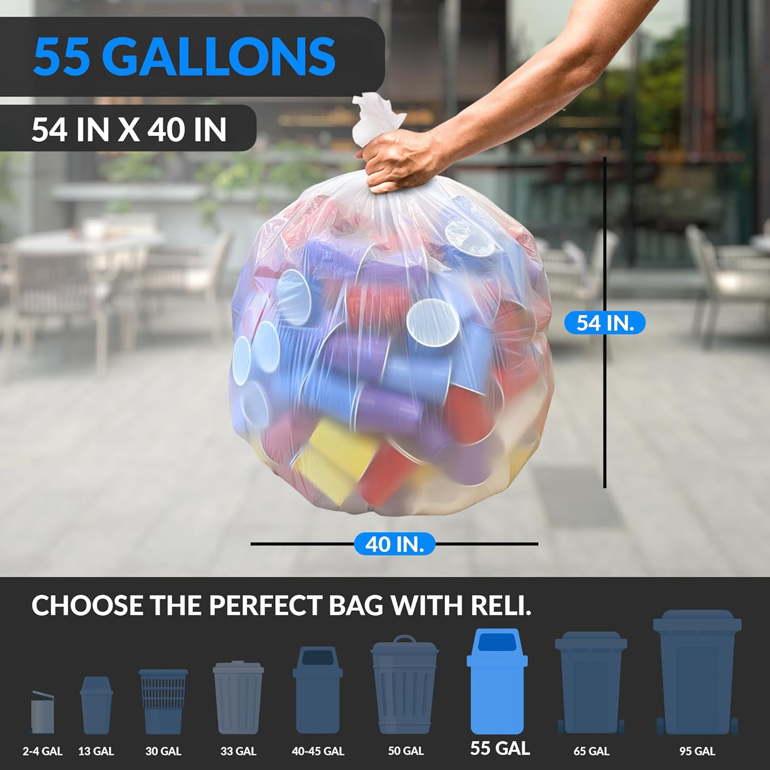 Reli. 55-60 Gallon Trash Bags | Heavy Duty | 8,000 Total | 50 Bags/Case, 160 Cases/Pallet | Made in USA | Clear