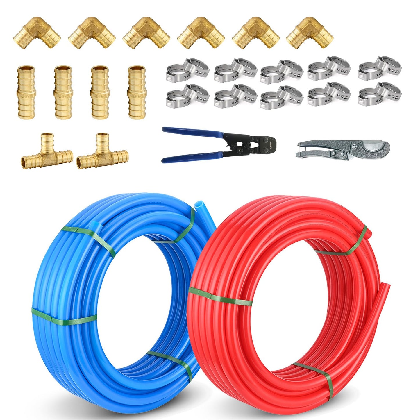 3/4 Inch Niikappu Blue & Red PEX-B Pipe, 2 x 100 Ft (200 Ft) Pex B Tubing with a Pipe Cutter, 30PCS Fittings & 100PCS Rings(149AB4)