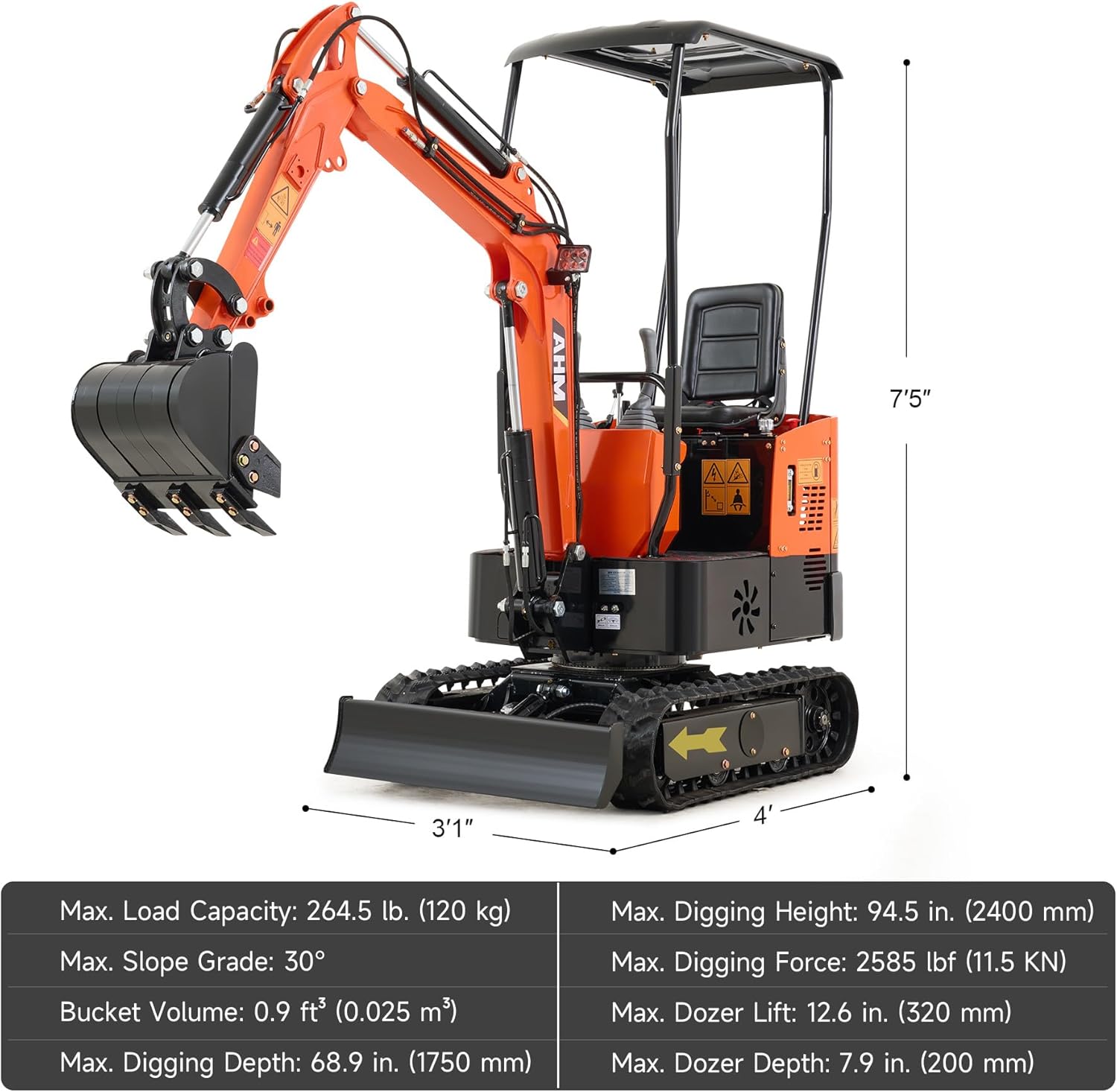 AHM Mini Excavator Machine with Thumb Clip Hammer Auger Rake Grabber Quick Hitch, 1 Ton Mini Trenching Digger Crawler with 13.5 hp EPA Certified Engine for Garden Farm Park Construction Site