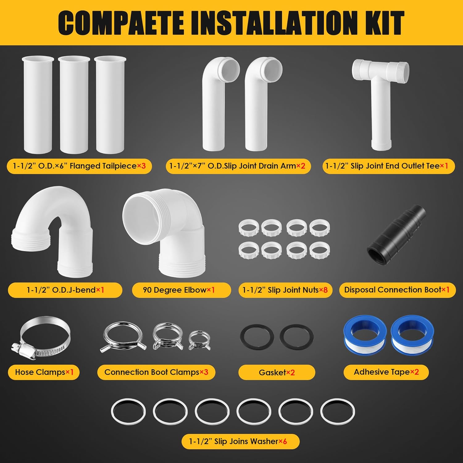 Saillong 27 Pcs Garbage Disposal Installation Kit Complete Kitchen Sink Drain Pipe Kit for Double Bowl Sink, 1-1/2" Plumbing, Simple Install, Leak Proof