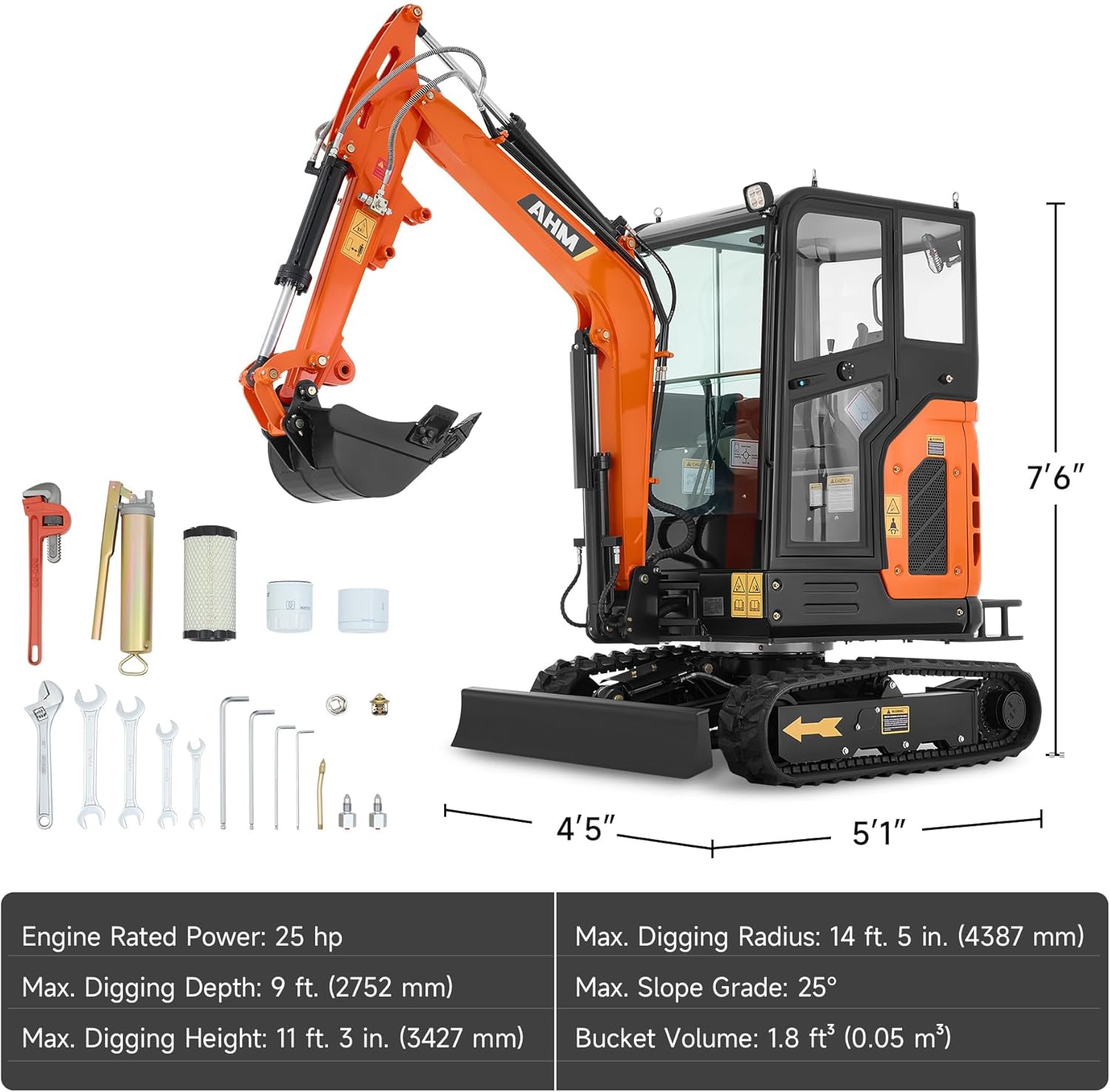AHM 2.5 Ton Mini Excavator, Crawler Excavator with 25 HP Perkins Diesel EPA Engine, Speed Adjustable Trench Digger with Side Swing Enclosed Cab, Mini Digger for Garden Farm Construction Trenching