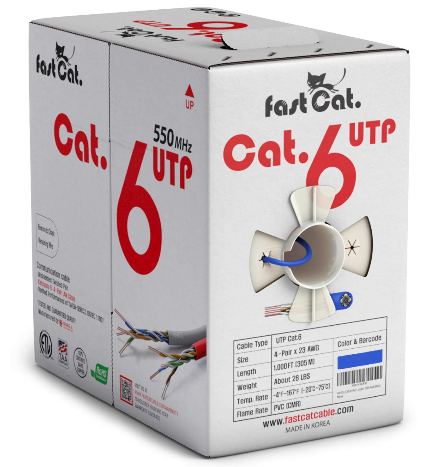 Fast Cat. Cat6 Ethernet Cable 1000ft - 23 AWG, CMR, Insulated Solid Bare Copper Wire Cat 6 Cable PoE++ (4PPoE), ETL Listed, 550MHZ / 10 Gigabit Speed UTP LAN Cat6 Cable 1000ft (White)