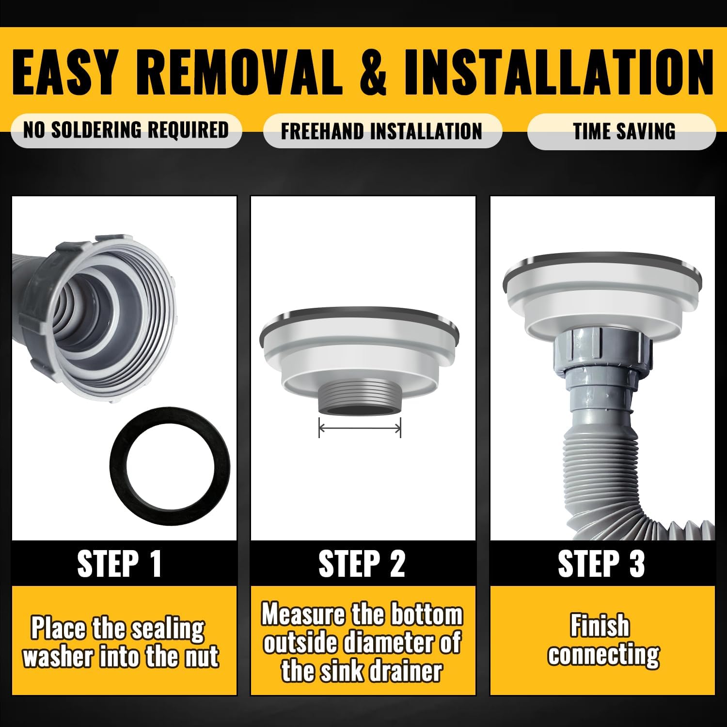 VIVIDA Double Sink Drain Pipe Kit, 1-1/2" Flexible Drain Pipe, 11"-31.5" Expandable Flexible P Trap for Double Kitchen Sink, 1-1/4" Adapter Included, Gray, 1 PACK