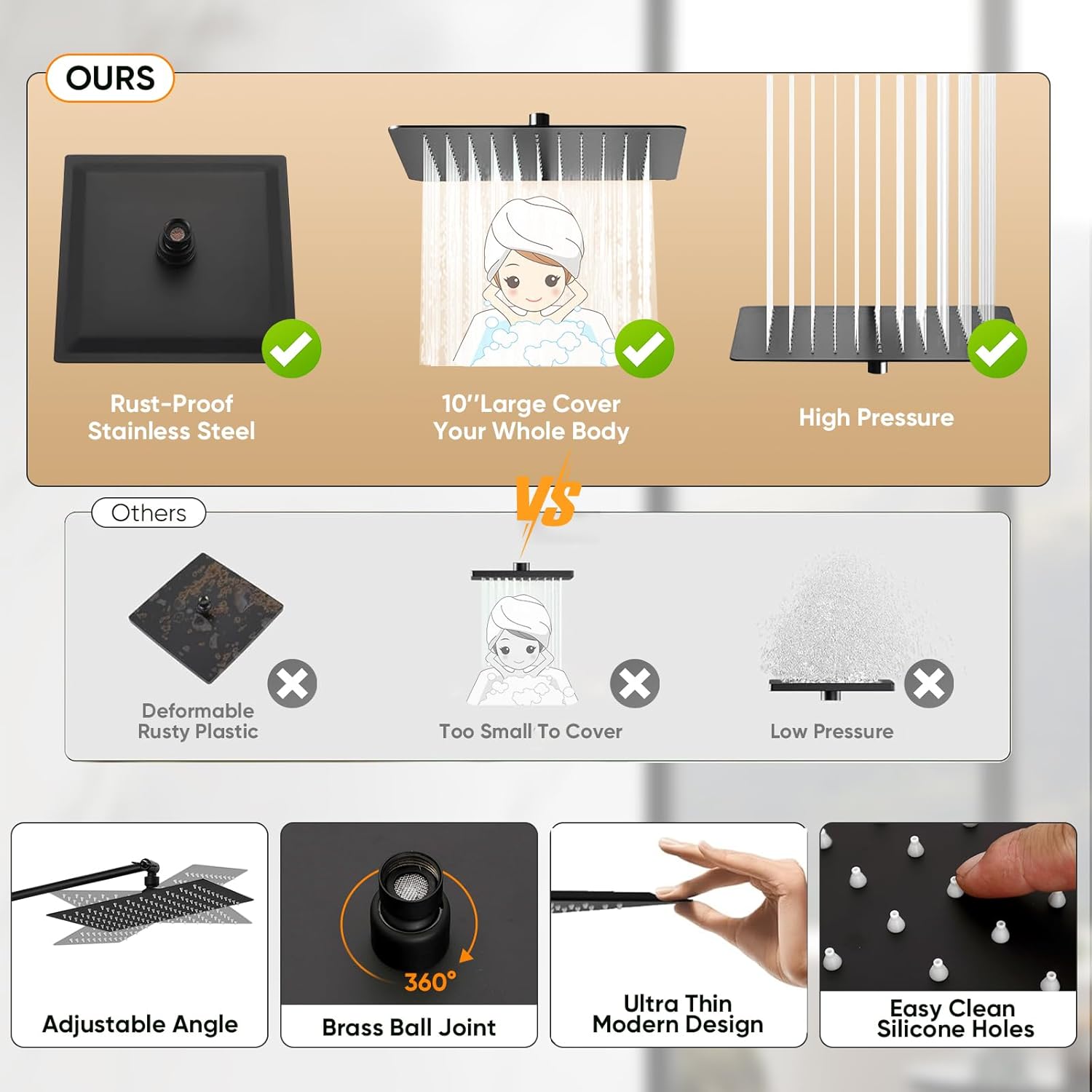 Shower Head Black 10 Inch High Pressure Rain Shower Head with Handheld Spray Combo Adjustable Dual Rainfall Shower Head - Showerhead Comb Set with Extension Arm - 60 Inch Long Shower Hose