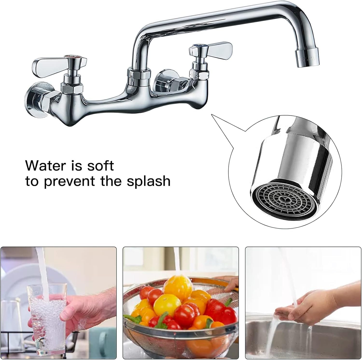 Kitchen Faucet Wall Mount Commercial Sink Faucet Kitchen Utility Laundry 8“ Swivel Spout 2 Dual Handle Restaurant Chrome Mixer Tap