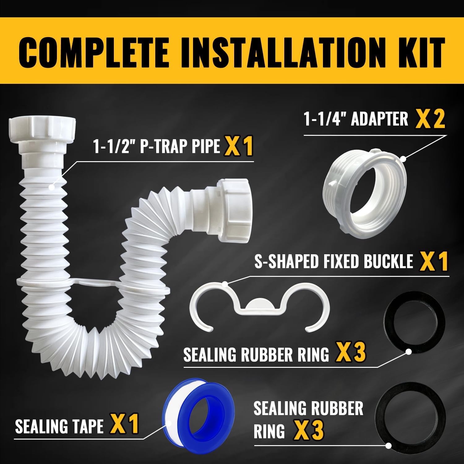 VIVIDA 1-1/2" Sink Drain Pipe Kit, Flexible Drain Pipe P Trap, 7.5"-17.7" Flexible P Trap, Under Sink Plumbing for Bathroom & Kitchen, 1-1/4" Adapter Included, 1 PACK