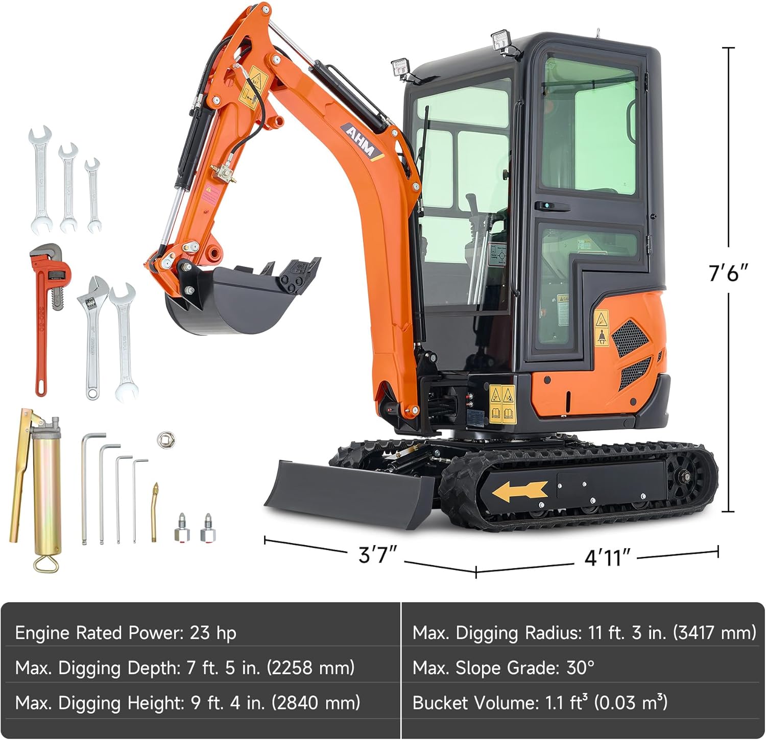 AHM 1.6 Ton Mini Excavator with Side Swing, Crawler Excavator with 23 hp EPA Engine & Pilot Control, Compact Trench Digger with Enclosed Cab for Garden Farm Construction Trenching Material Handling