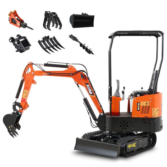 AHM Mini Excavator, 1 Ton Mini Digger with Hammer Auger Log Grapple Quick Hitch Grading Bucket & Rake Included, 13.5 hp Small Crawler Machine with Rain Canopy for Home Garden Farm Park Roadway Digging