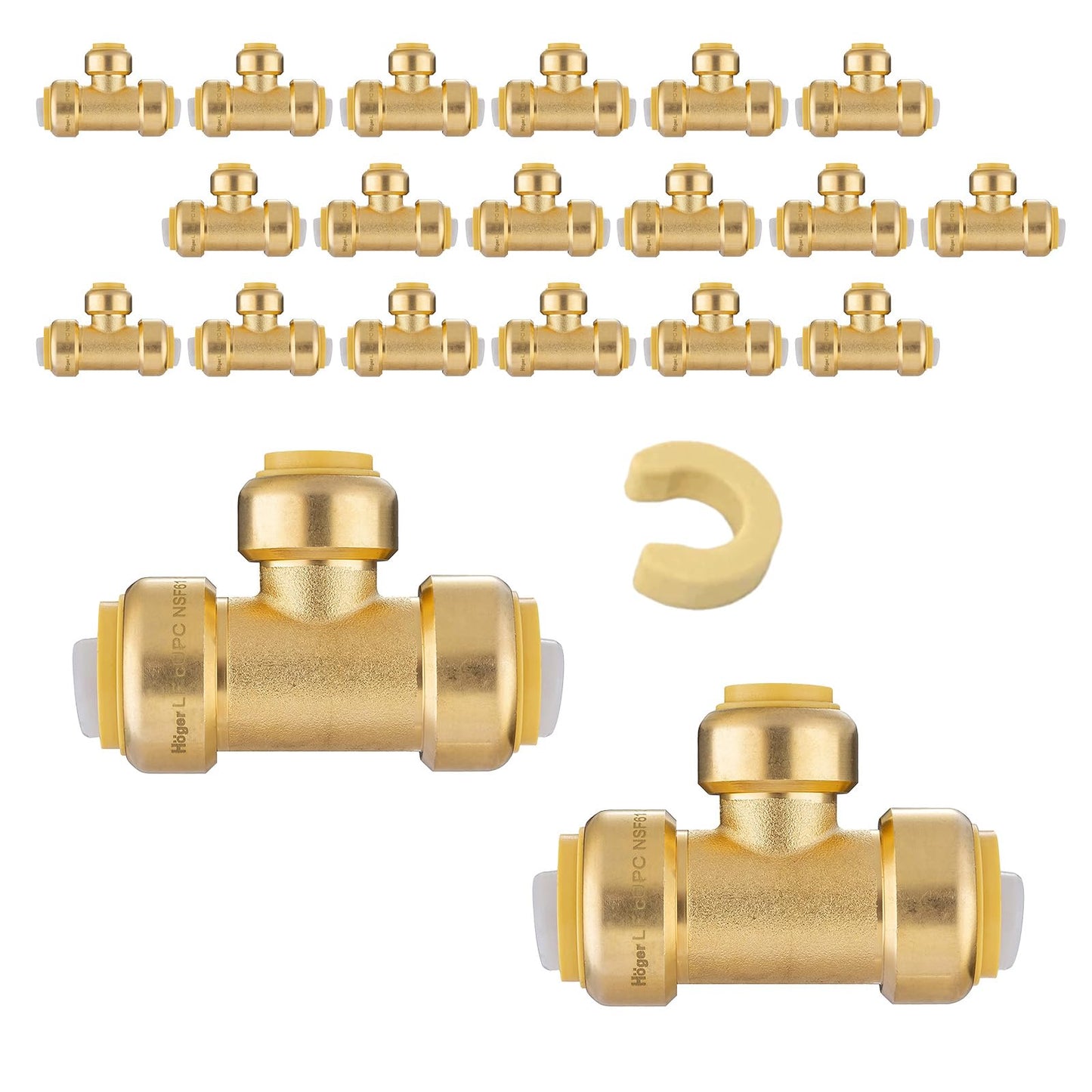 5-Pack Niikappu Pushfit Tee, 3/4"x3/4"x1/2" PEX Brass Push-fit Tee, Push to Connect Plumbing Fittings for PEX, Copper, CPVC, with Disconnect Clip(PF127-5)