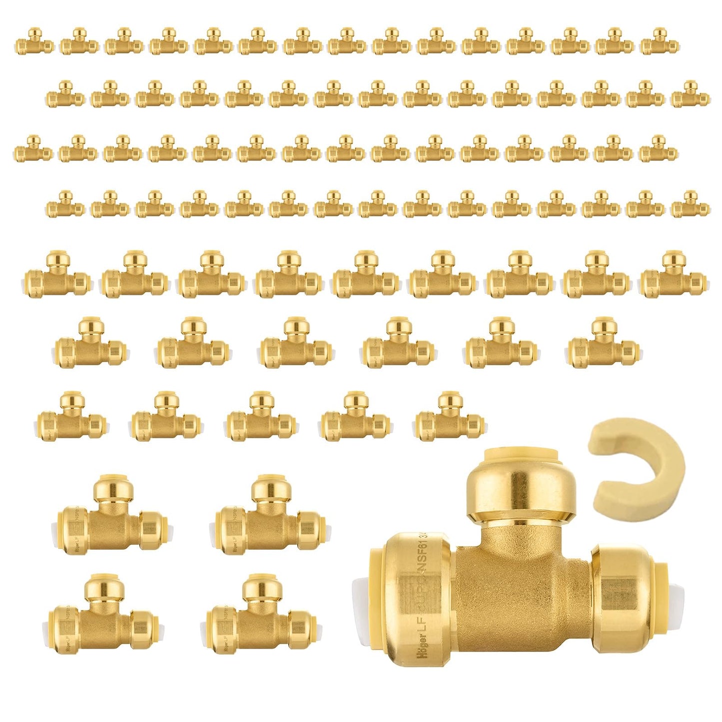5-Pack Niikappu Pushfit Tee, 3/4"x3/4"x1/2" PEX Brass Push-fit Tee, Push to Connect Plumbing Fittings for PEX, Copper, CPVC, with Disconnect Clip(PF127-5)