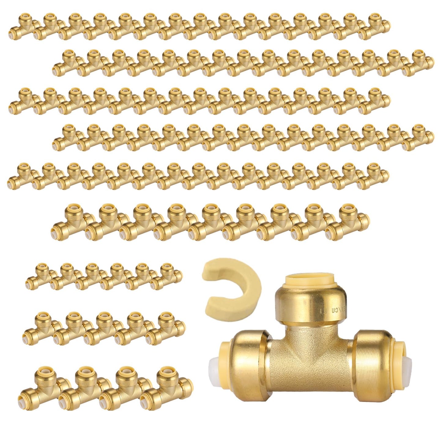 5-Pack Niikappu Pushfit Tee, 3/4"x3/4"x1/2" PEX Brass Push-fit Tee, Push to Connect Plumbing Fittings for PEX, Copper, CPVC, with Disconnect Clip(PF127-5)