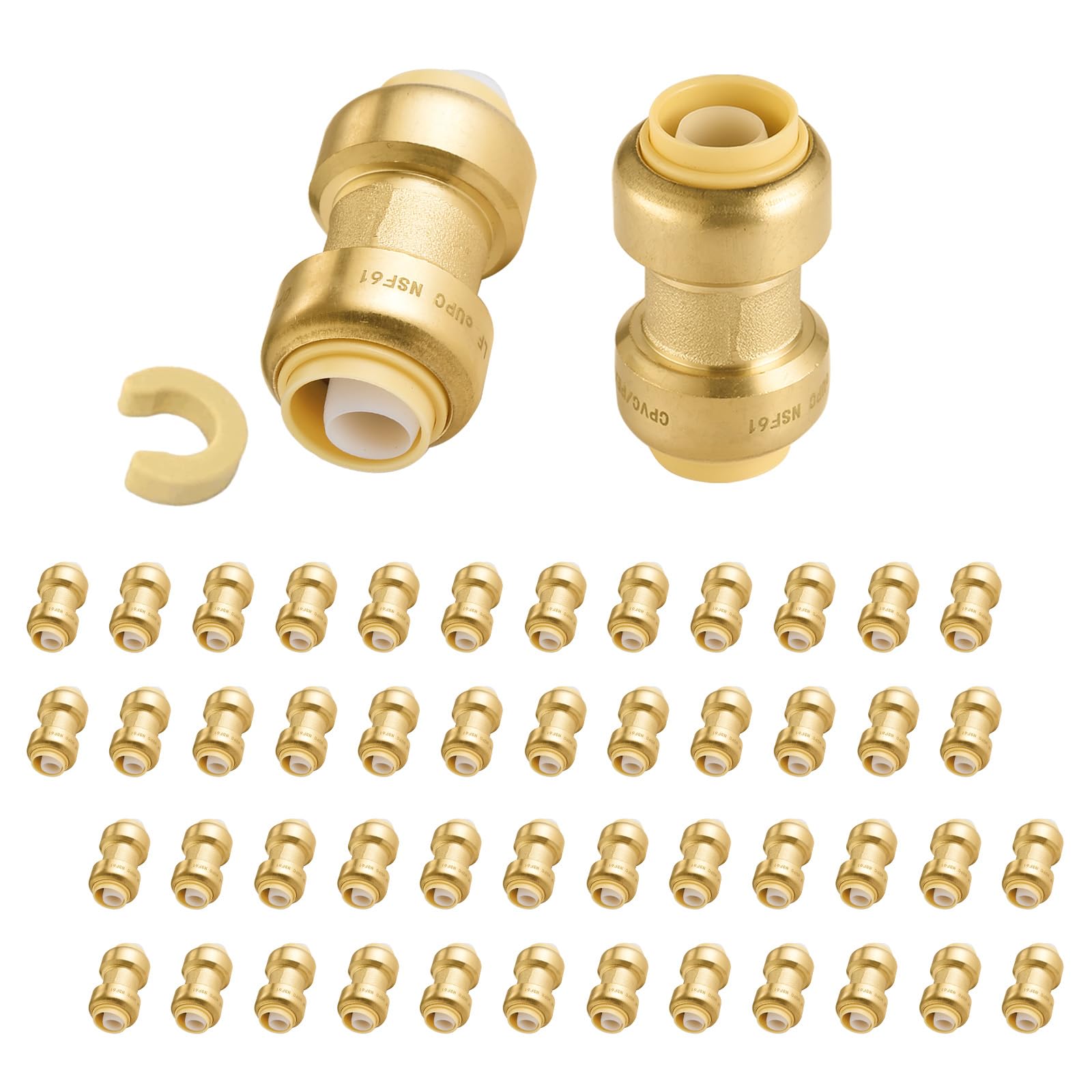 5-Pack Niikappu Push Fit Fittings, 3/4" x 3/4" Brass Plumbing Fittings to Connect PEX, Copper, CPVC, Brass Straight Coupling With Disconnect Clip(PF008-5Pack)