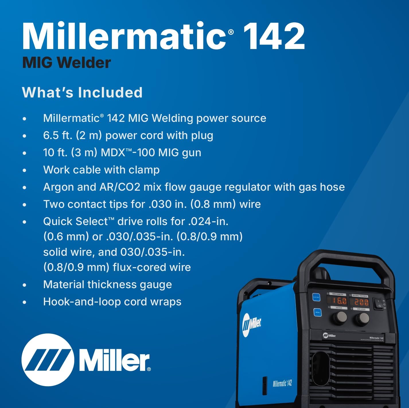 Millermatic® 142 MIG Welder – 120V, Portable Wire Feed Welder with Auto-Set™, Welds Up to 3/16" Steel, Ideal for Auto Repair & Light Fabrication