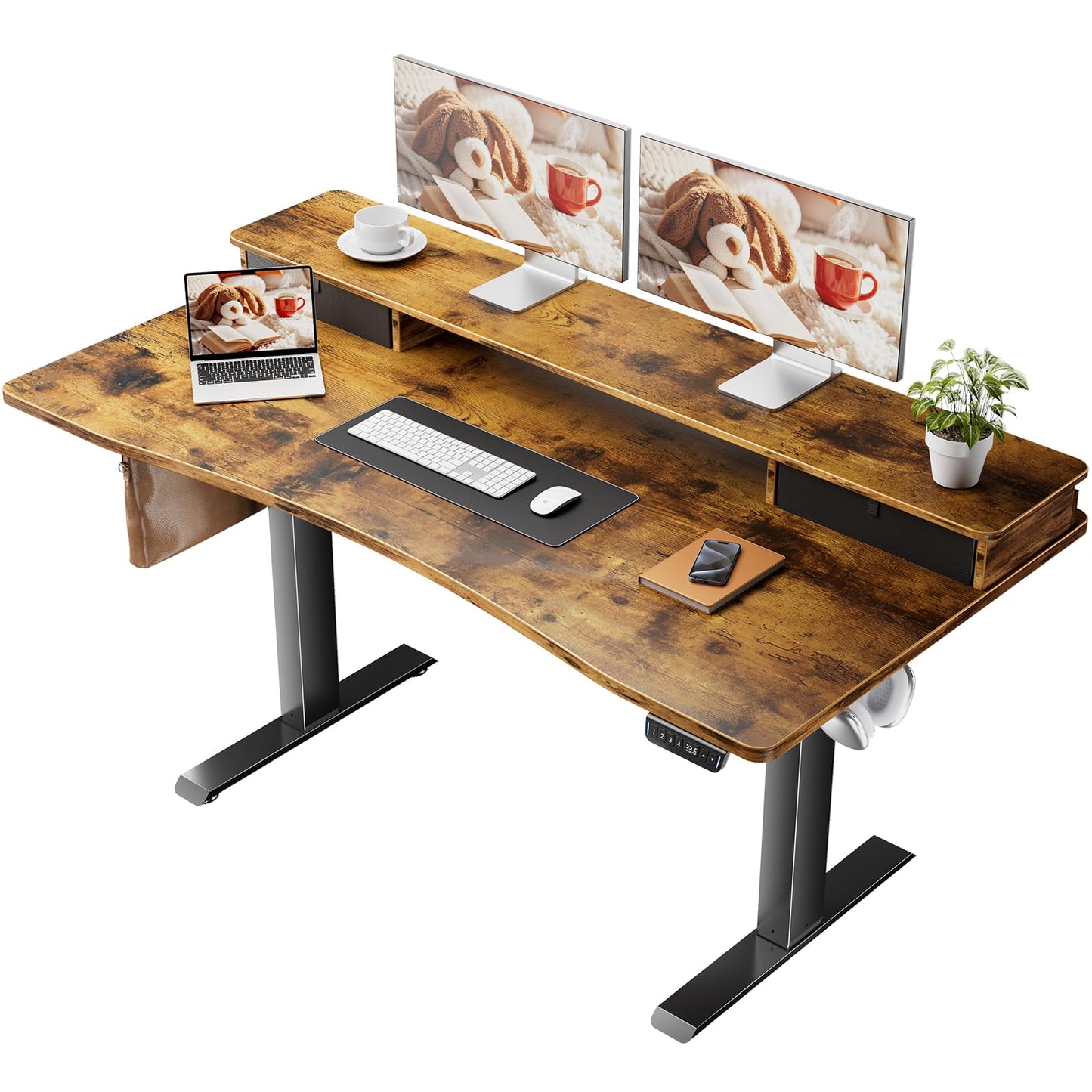 Veken 63"×27.6" Adjustable Standing Desk with Drawers, Ergonomic Computer Desk with Monitor Shelf, Home Office Desk for Work, Study, Gaming, Writing, Brown