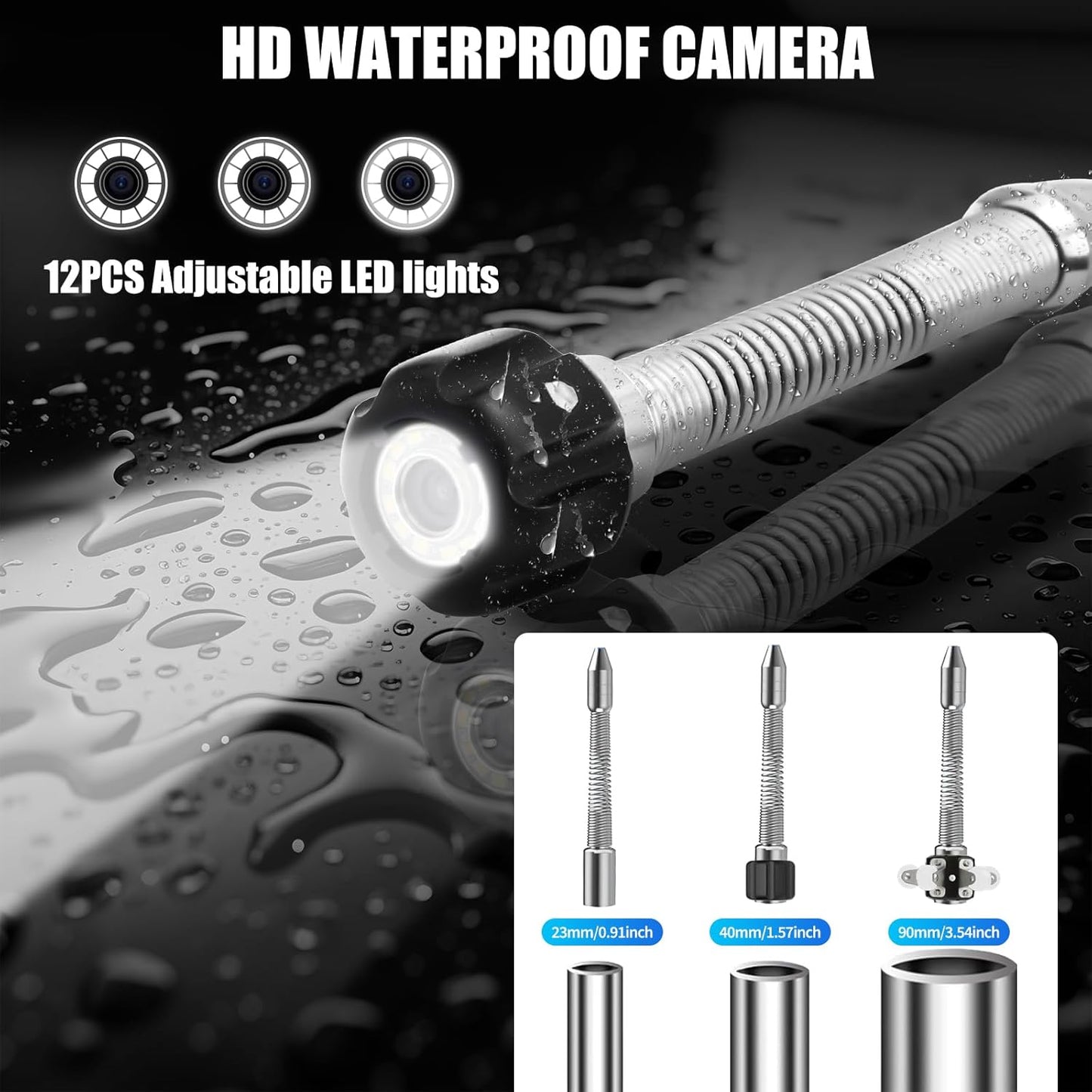 Sewer Camera 98.4FT, 9" 1080P Color LCD with DVR, Drain Plumbing Camera with Waterproof IP68 23MM Stainless-Steel Probe, 12 LEDs, 16GB Card & Aluminum Carry Case – for Pipe & HVAC Inspection