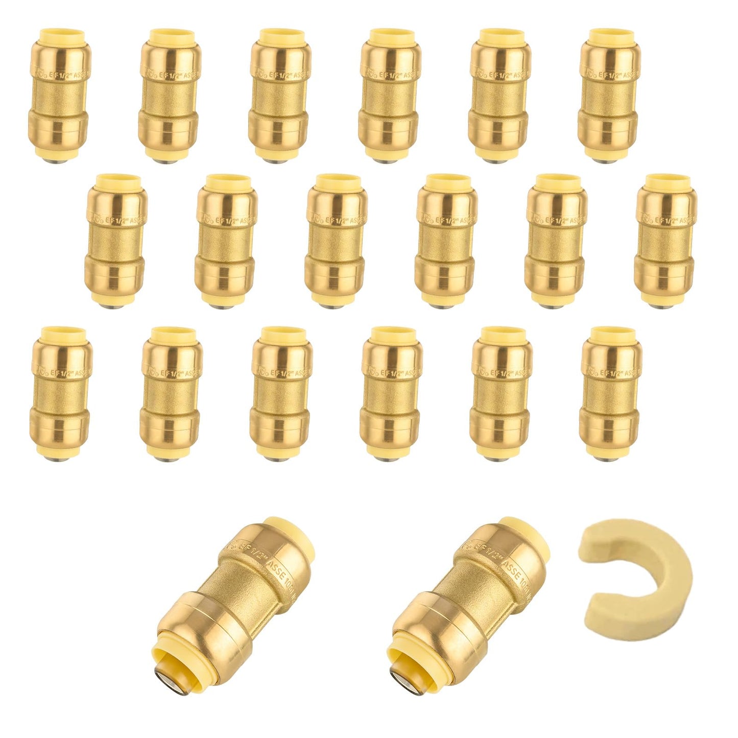 5-Pack Niikappu Push Fit Fittings, 3/4" x 3/4" Brass Plumbing Fittings to Connect PEX, Copper, CPVC, Brass Straight Coupling With Disconnect Clip(PF008-5Pack)