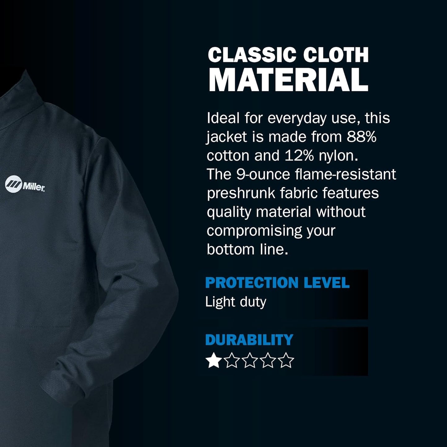 Miller Classic Cloth Jacket - 9oz Navy Cotton Welding Jacket XL - Everyday-Use Welder Jacket for Men & Women - Light-Duty Cloth Jackets for Welding - Flame Resistant Jackets (Navy Blue)