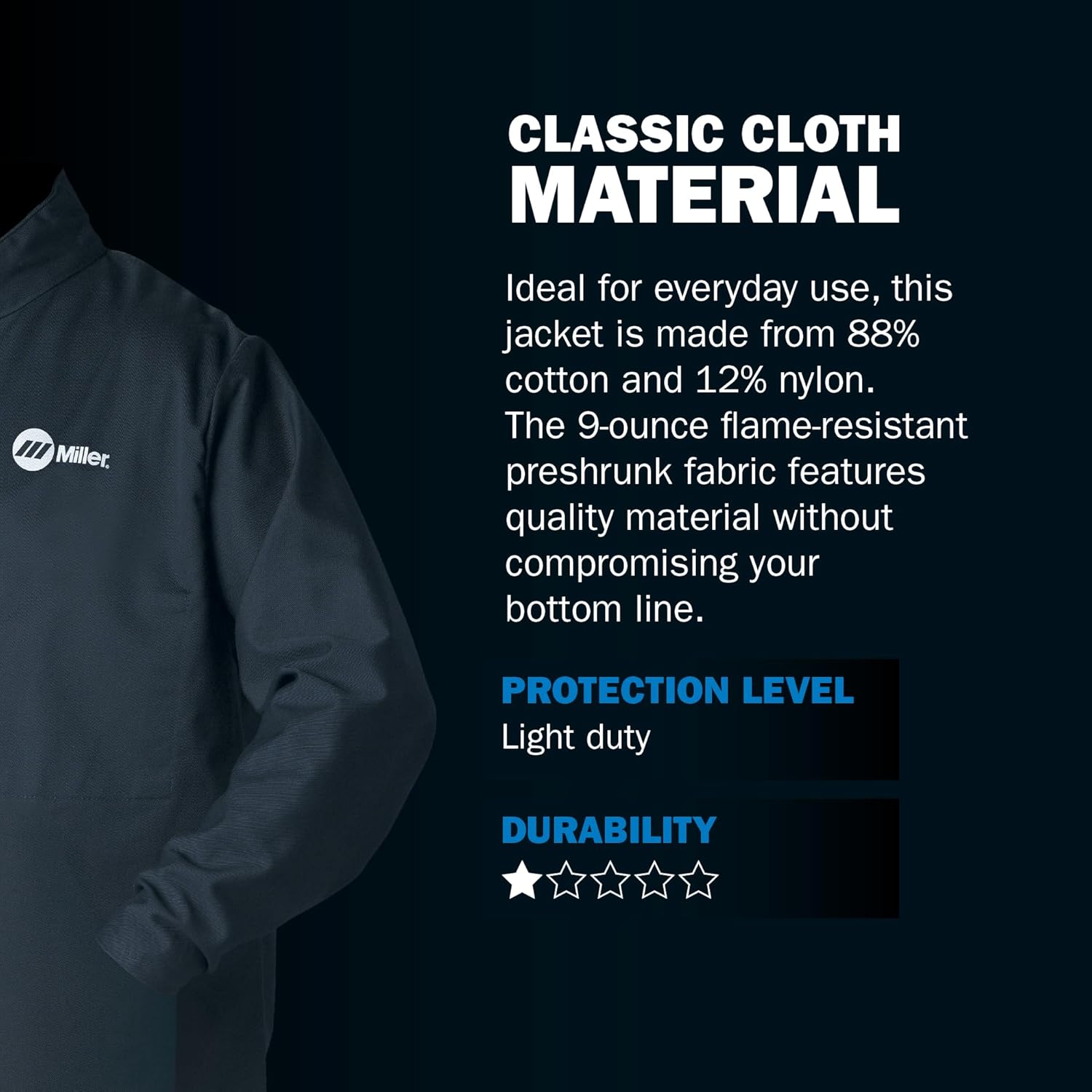 Miller Classic Cloth Jacket - 9oz Navy Cotton Welding Jacket XL - Everyday-Use Welder Jacket for Men & Women - Light-Duty Cloth Jackets for Welding - Flame Resistant Jackets (Navy Blue)