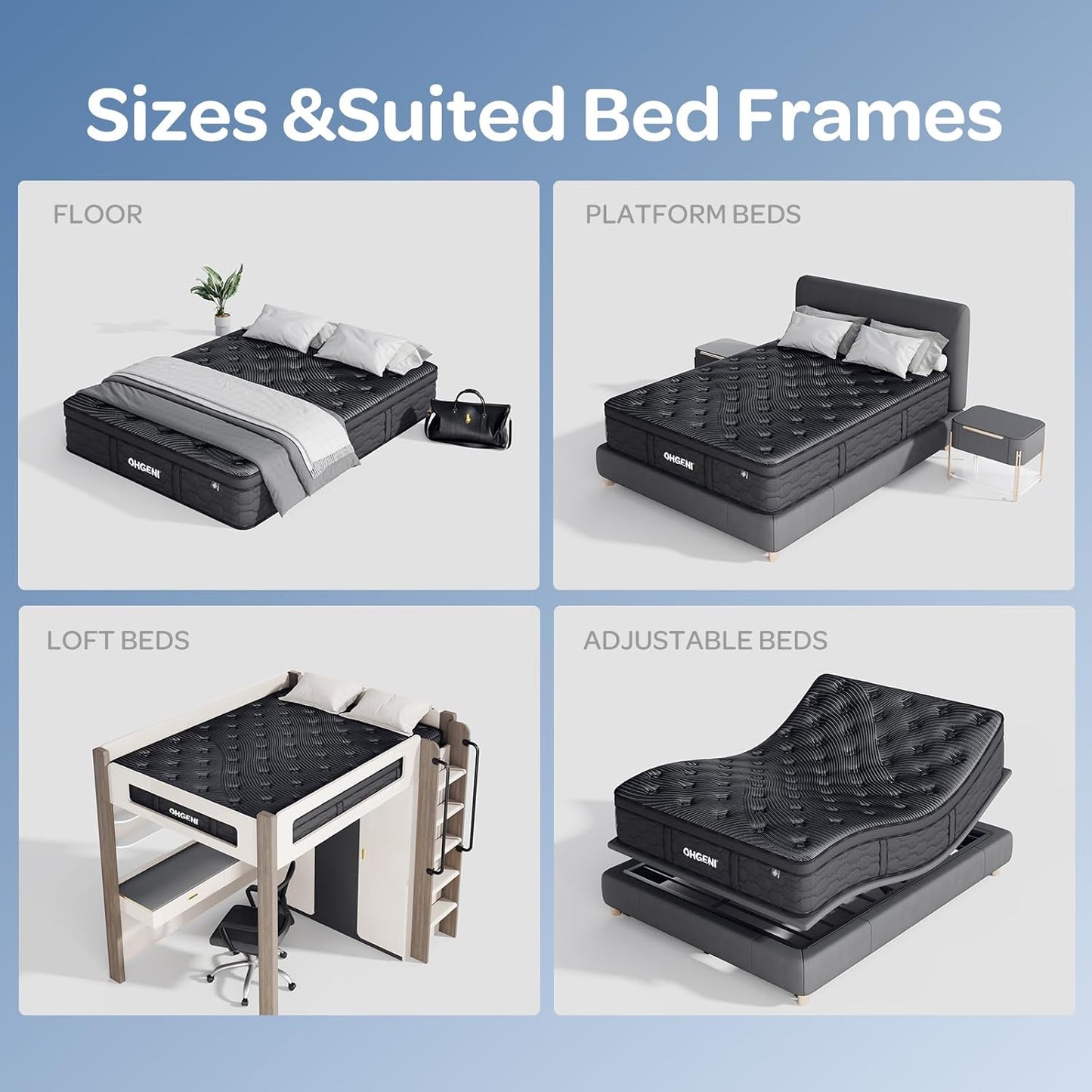 OhGeni 14 Inch Cooling Queen Size Mattress, Hybrid Gel-infused Memory Foam Bed Mattresses in a Box, Medium Feel Cool Top Fabric,Individual Pocket Spring, 3-Zone design & Reinforced Edge Support, Black