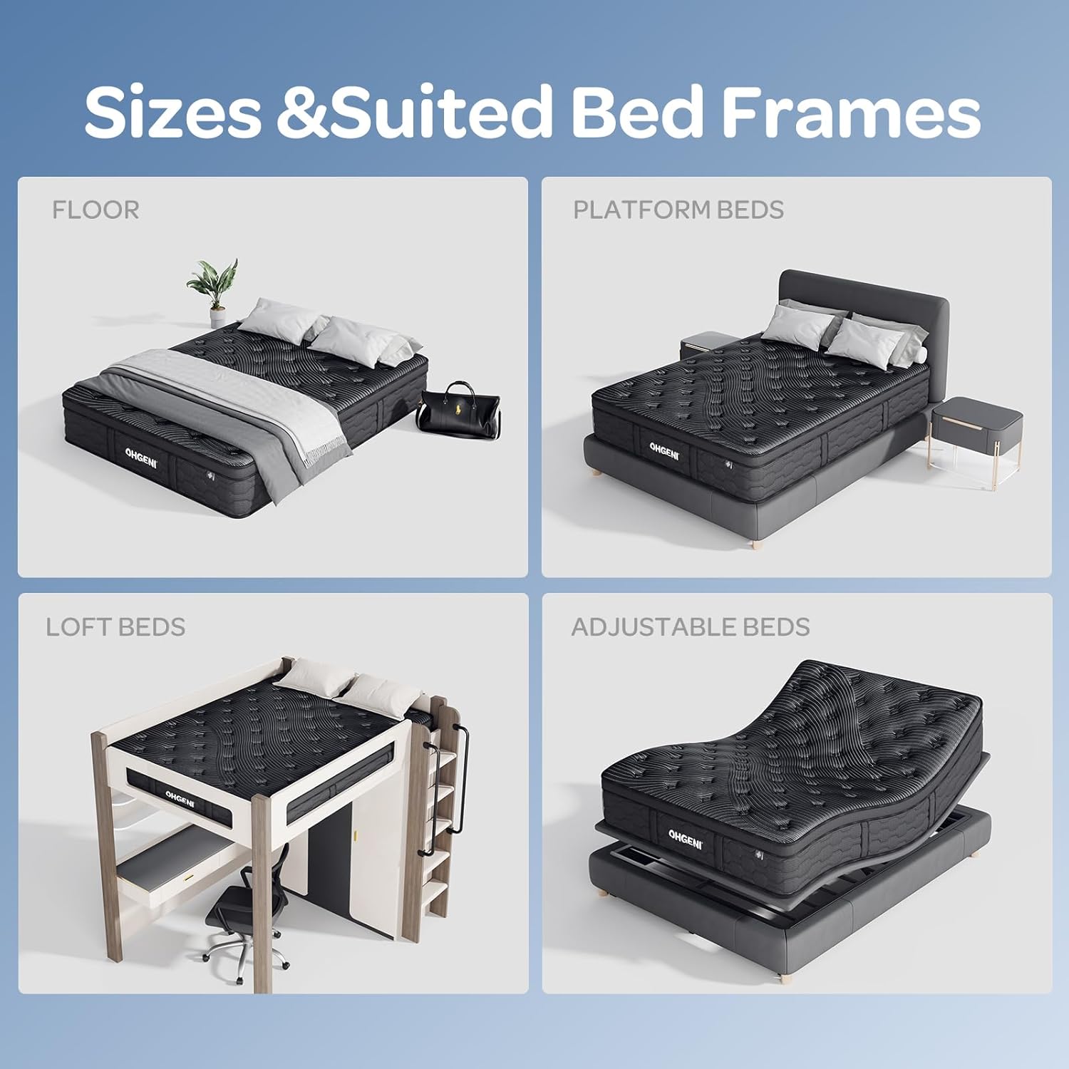 OhGeni 14 Inch Cooling Queen Size Mattress, Hybrid Gel-infused Memory Foam Bed Mattresses in a Box, Medium Feel Cool Top Fabric,Individual Pocket Spring, 3-Zone design & Reinforced Edge Support, Black