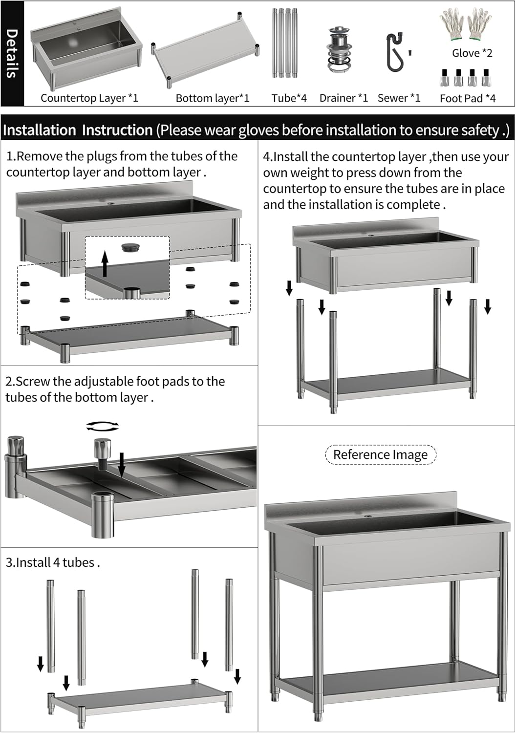 Stainless Steel Utility Sink, Large Freestanding Laundry Sink with Pull-out Faucet for Kitchen, Bathroom, Laundry Room, Garage, Outdoor/Indoor Use, Pet Cleaning, D21.65 x W35.43 x H36.61 inch