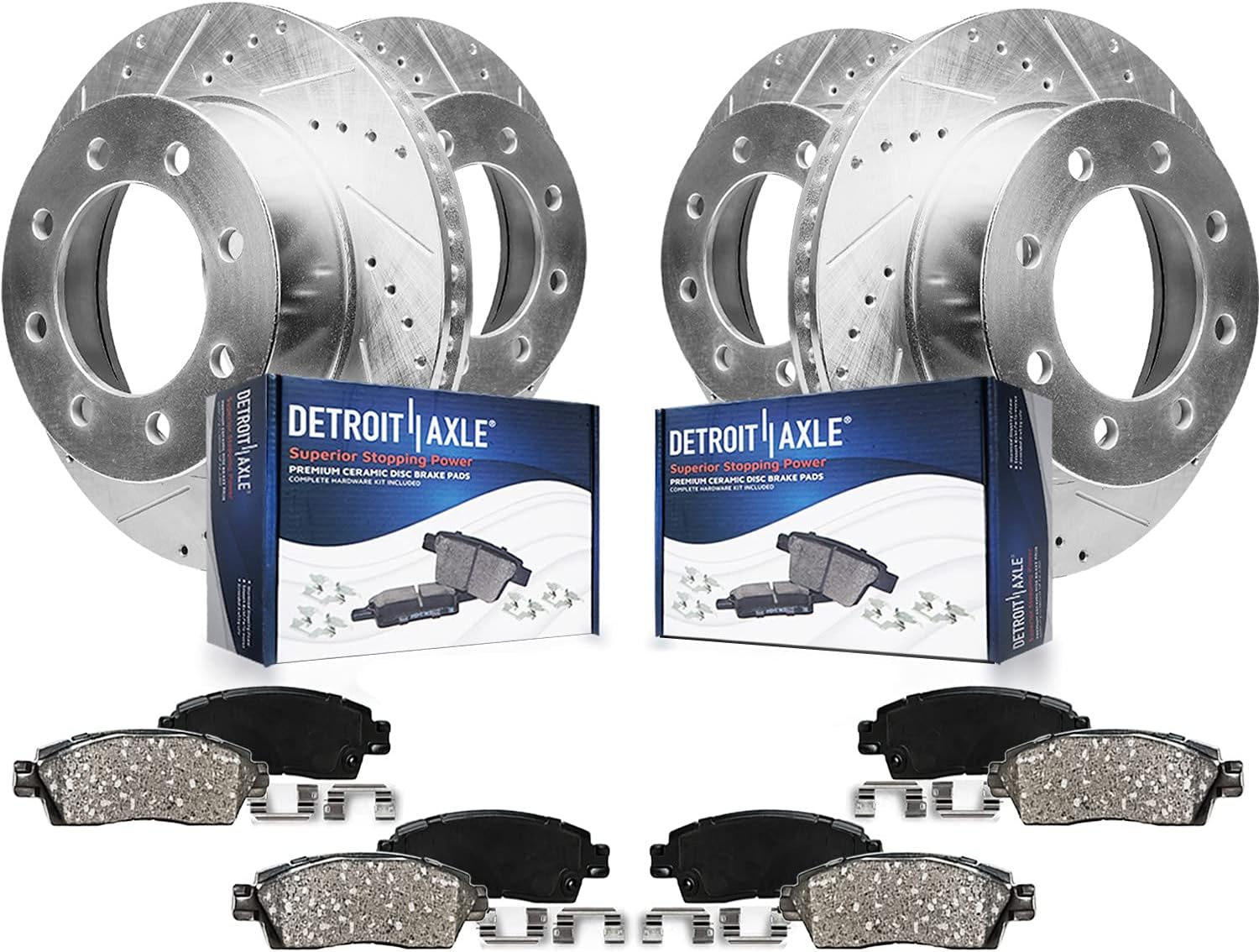 Detroit Axle - 4WD Brake Kit for Ford 2013-2022 F-250 F-350 Super Duty [SRW], 14.29" inch Front Rear Drilled Slotted Brake Rotors Ceramic Brakes Pads 2014 2015 2016 2017 2018 2019 2020 Replacement