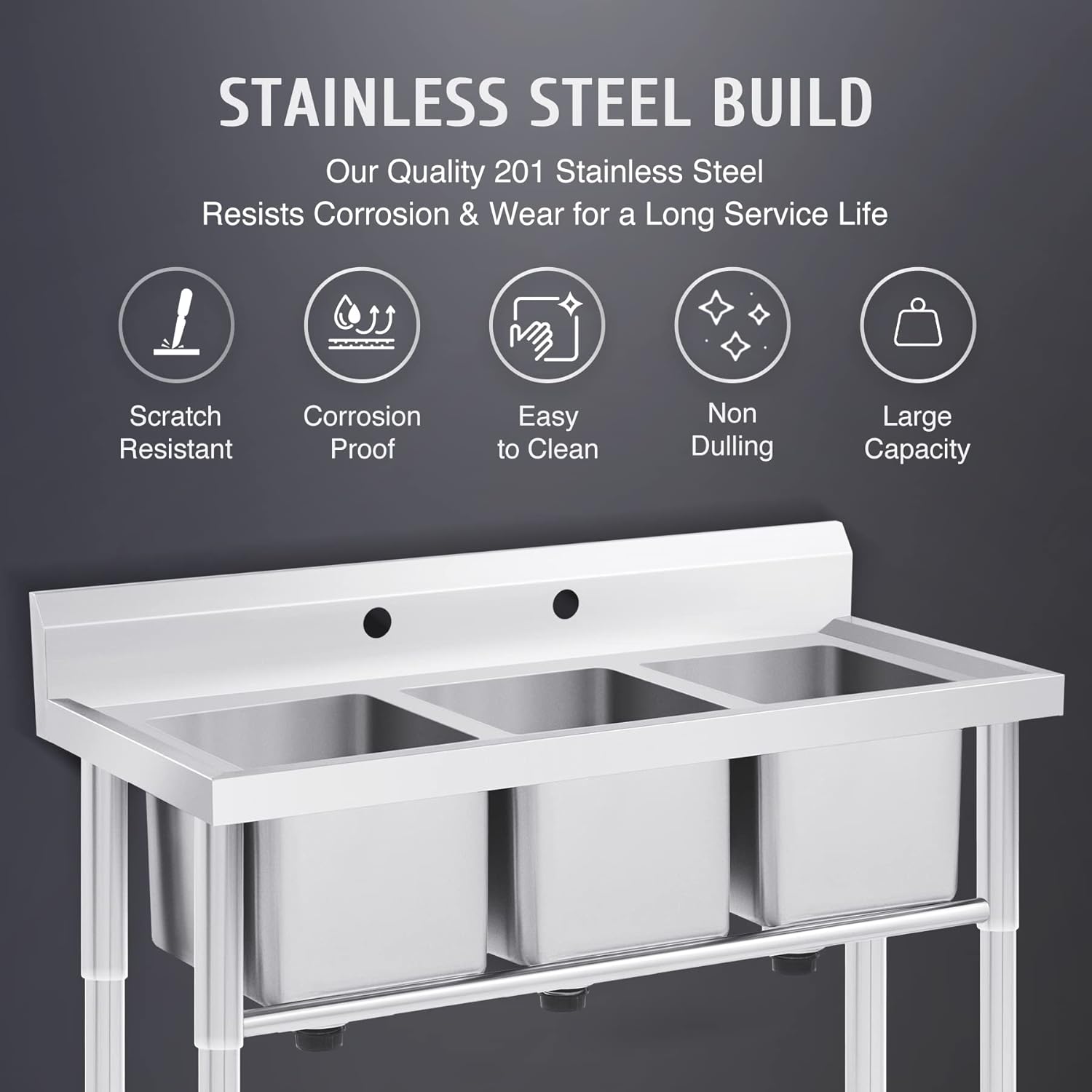 WILPREP Stainless Steel 3 Compartment Commercial Sink with s, Kitche Station with 11x10 Inch Basins, Utility Sink for Restaurant Bar Home Laundry Room Garage