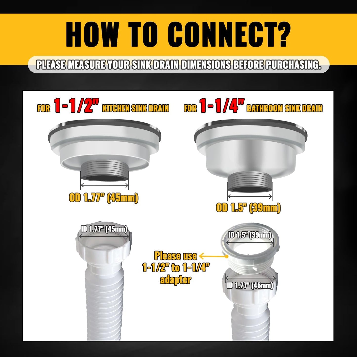 VIVIDA 1-1/2" Sink Drain Pipe Kit, Flexible Drain Pipe P Trap, 7.5"-17.7" Flexible P Trap, Under Sink Plumbing for Bathroom & Kitchen, 1-1/4" Adapter Included, 1 PACK