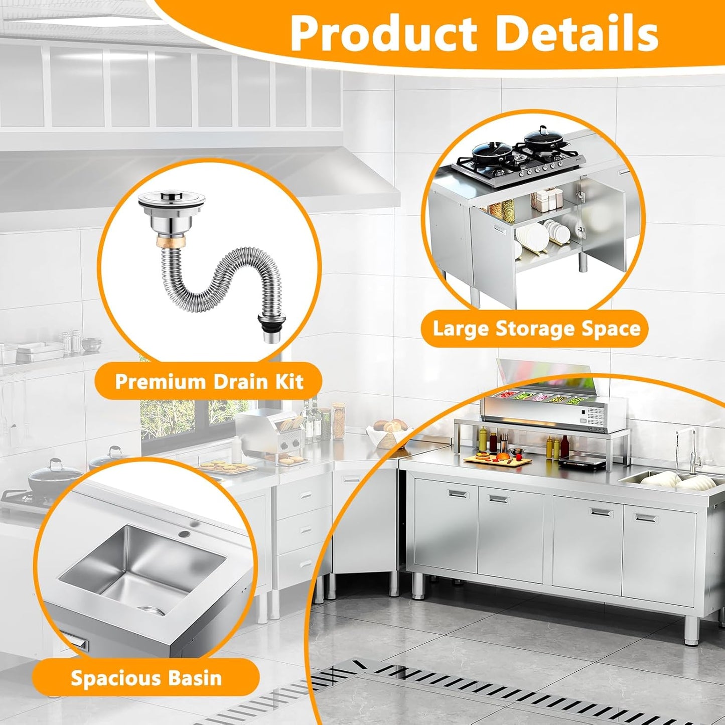 WWK 59" x 21" Stainless Steel Sink with Cabinet, Freestanding Utility Sink Laundry Sink, Heavy Duty Commercial Kitchen Sink for Outdoor, Restaurant, Hotel, Cafe, and Garage, 21D x 59W x 35H inches