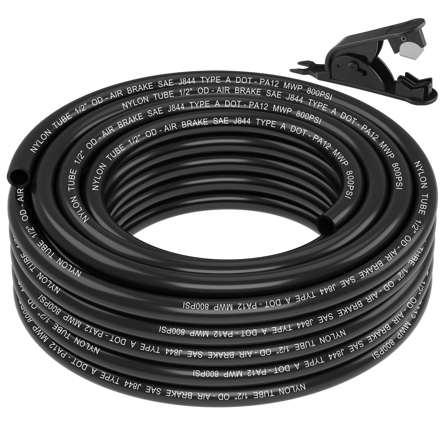 50FT 1/4 DOT Air Line SAE J844 PA12 Nylon Air Hose with Cutter 1/4” OD Pneumatic Tubing DOT Approved 1/4 Air Brake Hose for Air Suspension Kit Truck Trailer Brake System & Fluid Transfer 15.5m