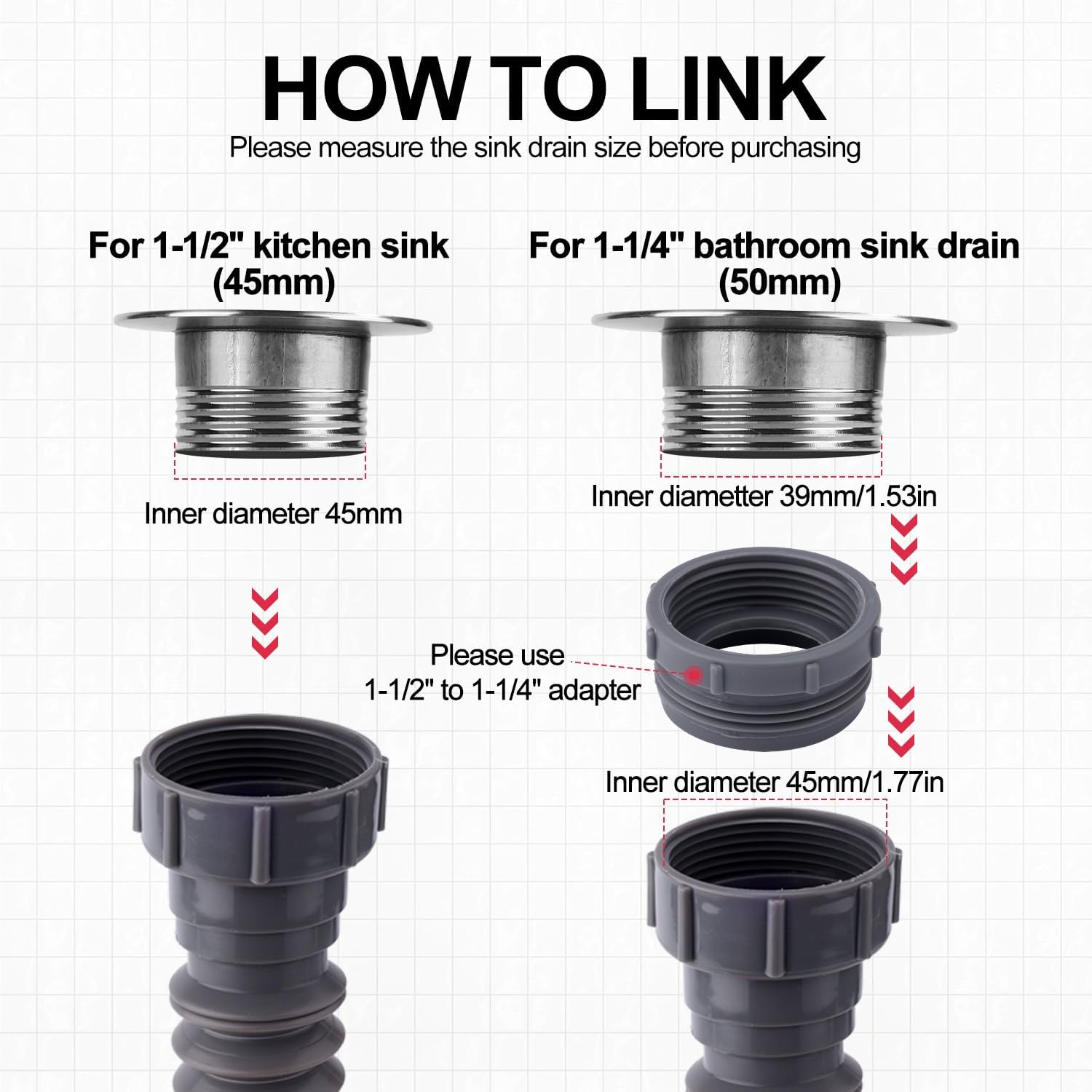 Sink Drain Kit, 1-1/2 Inch Expandable Flexible P-Trap 7.5 Inch - 17.7 Inch Flexible Sink Drain Pipe for Bathroom Sinks Kitchen Sinks
