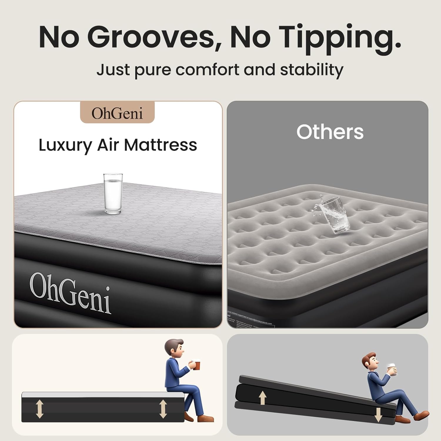 OhGeni 18" Luxury Queen Air Mattress with Built-in Pump & 18" Luxury Twin Inflatable Bed with Silk Foam Topper for Superior Comfort, Blow-Up Mattress for Home, Camping & Guests, Extra Support, Black