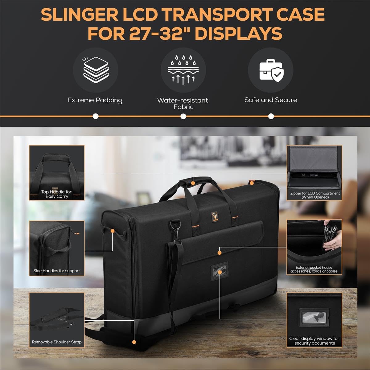 SLINGER Foldable Padded Nylon Tote Carrying Case - LCD Transport Case for Displays, Computers, Monitors & TVs Between 27" - 32" - Water Resistant - Shoulder Strap & Handle Options