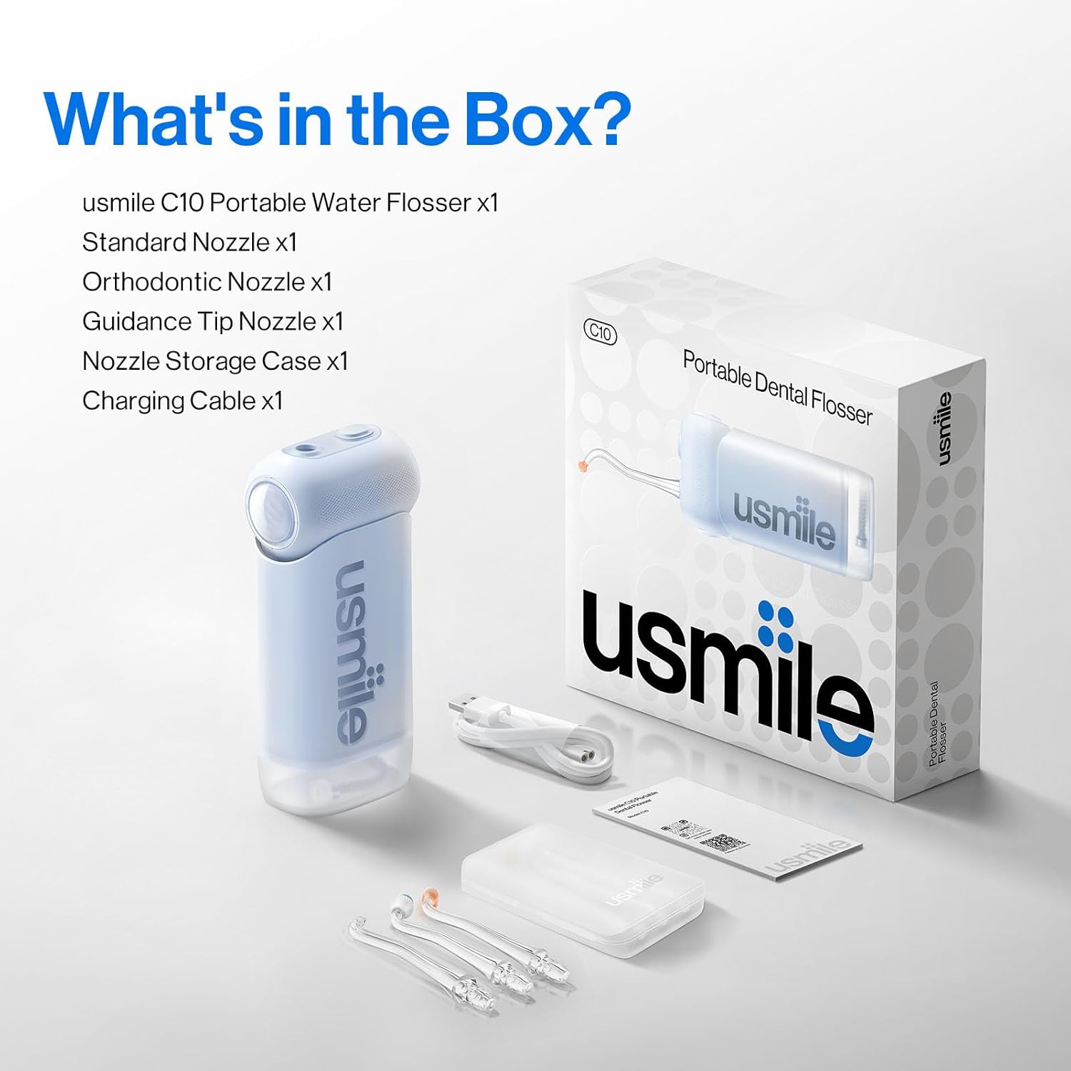 usmile C10 Portable Water Flosser – Travel-Friendly, 95-Day Battery, 4 Modes, 360° Nozzle, 180ml Tank, IPX7 Waterproof, Dentist-Recommended for Braces, Implants & Sensitive Gums (Blue)