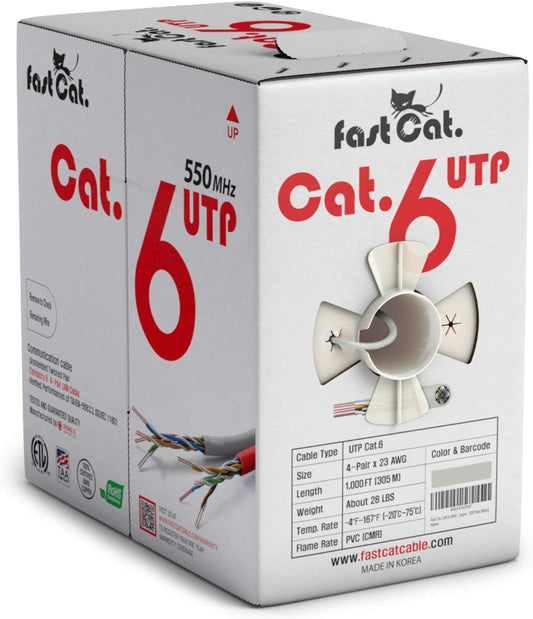 Fast Cat. Cat6 Ethernet Cable 1000ft - 23 AWG, CMR, Insulated Solid Bare Copper Wire Cat 6 Cable PoE++ (4PPoE), ETL Listed, 550MHZ / 10 Gigabit Speed UTP LAN Cat6 Cable 1000ft (White)