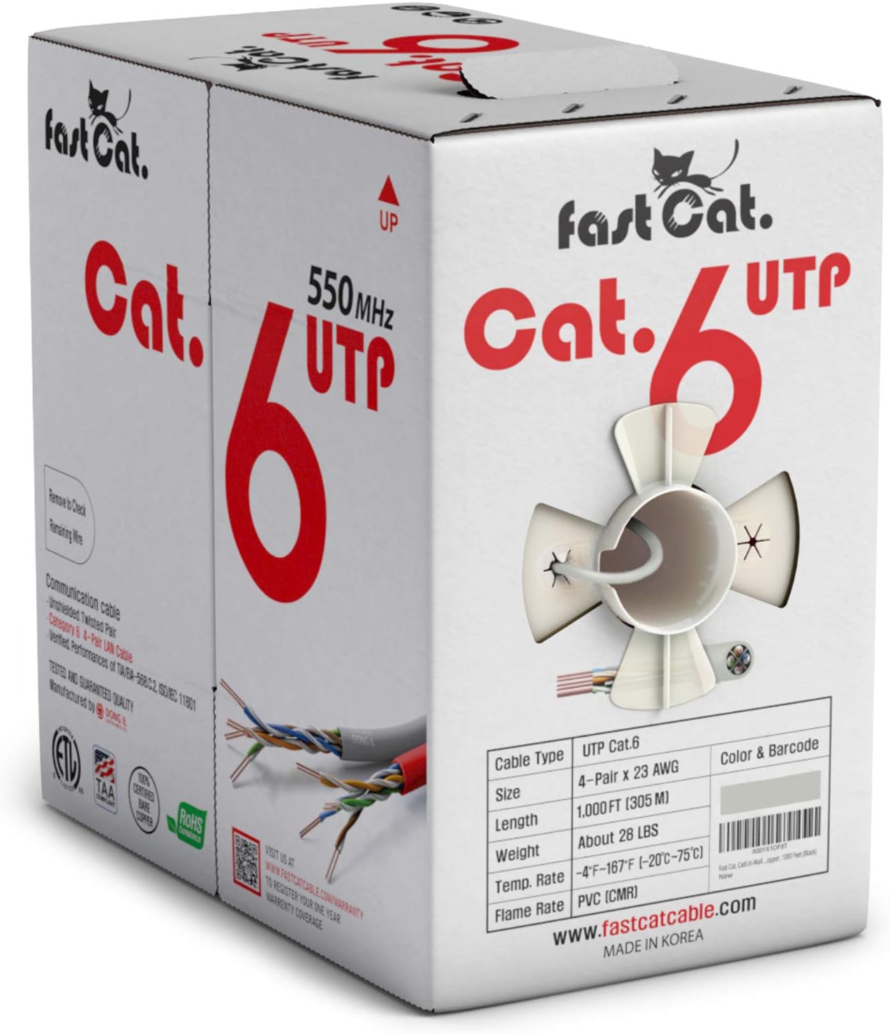 Fast Cat. Cat6 Ethernet Cable 1000ft - 23 AWG, CMR, Insulated Solid Bare Copper Wire Cat 6 Cable PoE++ (4PPoE), ETL Listed, 550MHZ / 10 Gigabit Speed UTP LAN Cat6 Cable 1000ft (White)