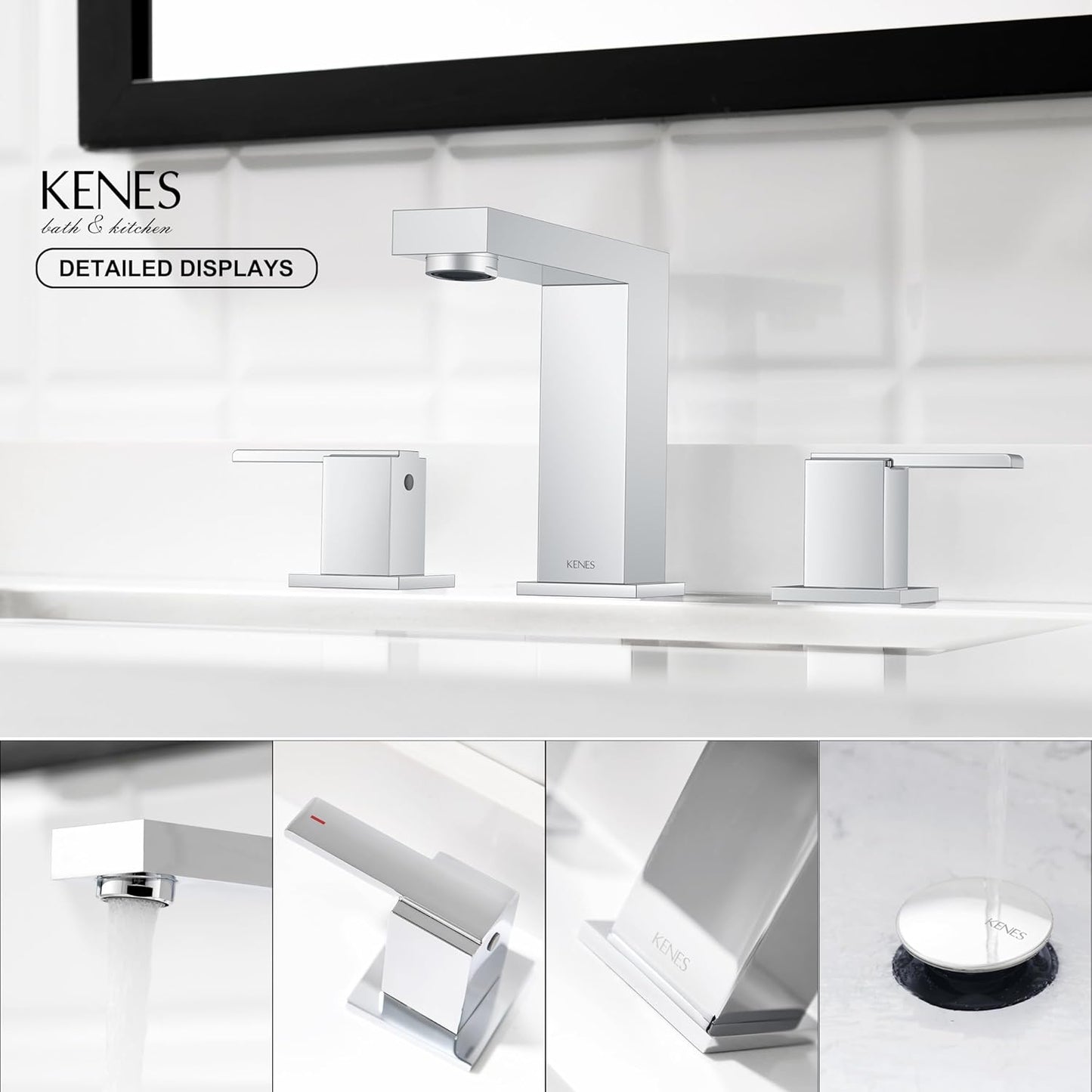 KENES Polished Chrome Widespread Bathroom Faucet 2 Handle Bathroom Sink Faucet 3 Hole, 8-Inch 3 Pieces Vanity Faucet with Pop Up Drain & Supply Lines, KE-9050-5-P