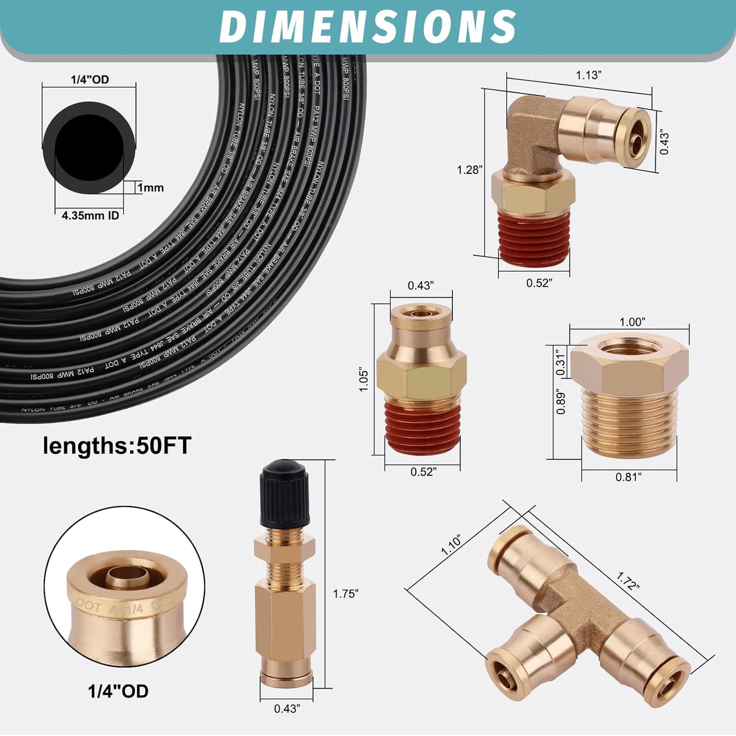 50FT 1/4 Air Hose Brass Fittings Kit 11pcs 1/4" OD Quick Push to Connect DOT Brass Fittings 1/4 SAE J844 PA12 Nylon Air Line Tubing with Cutter for Air Suspension Kit Truck Trailer Brake System