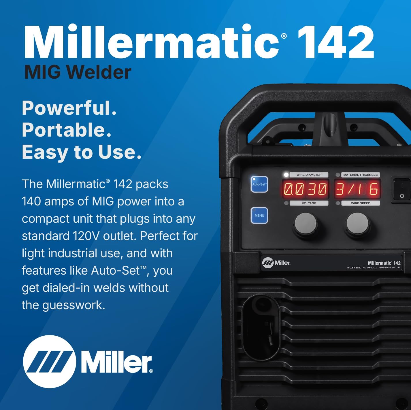 Millermatic® 142 MIG Welder – 120V, Portable Wire Feed Welder with Auto-Set™, Welds Up to 3/16" Steel, Ideal for Auto Repair & Light Fabrication