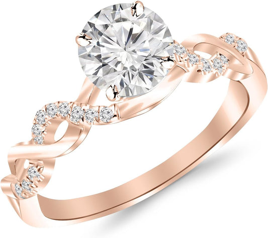 Houston Diamond District 0.63 Carat Twisting Infinity Gold and Diamond Split Shank Pave Set Diamond Engagement Ring with a 0.5 Carat J-K I2 Center