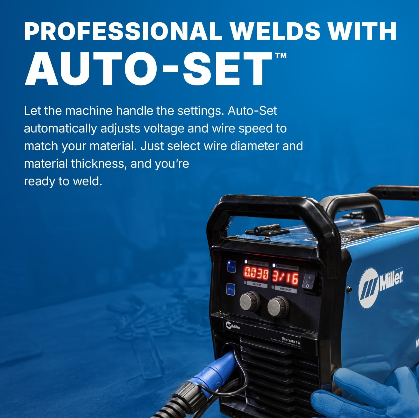 Millermatic® 142 MIG Welder – 120V, Portable Wire Feed Welder with Auto-Set™, Welds Up to 3/16" Steel, Ideal for Auto Repair & Light Fabrication
