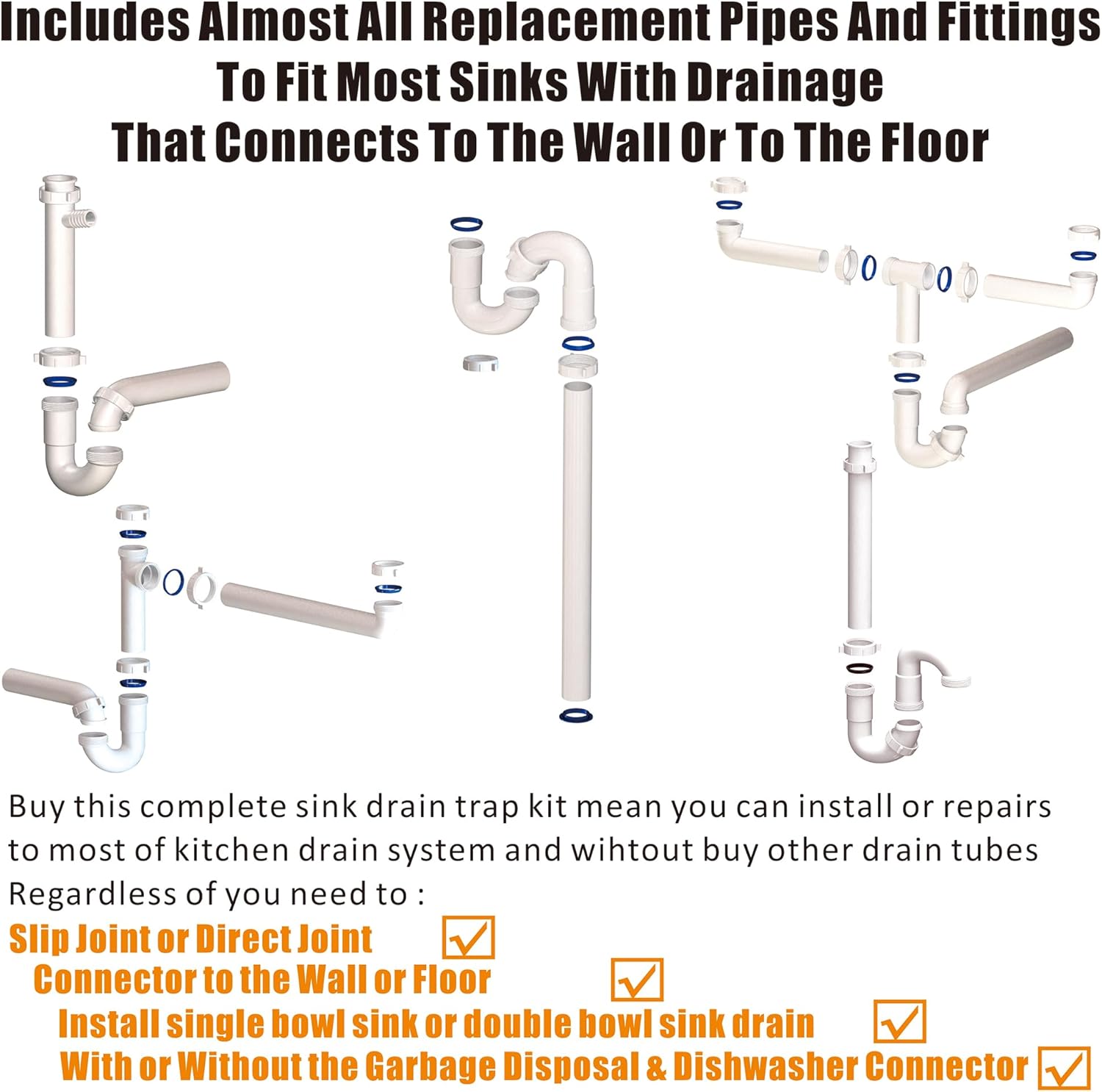 Kitchen Sink Drain Kit,1-1/2”,for Most Kitchen Sink Drain Repair Kit and Bathroom Sink Drain Kit, Kitchen Sink P Trap Drain Kit 1 1/2” for Sink Plumbing Kit, Completed Sink Pipe Replacement Kit