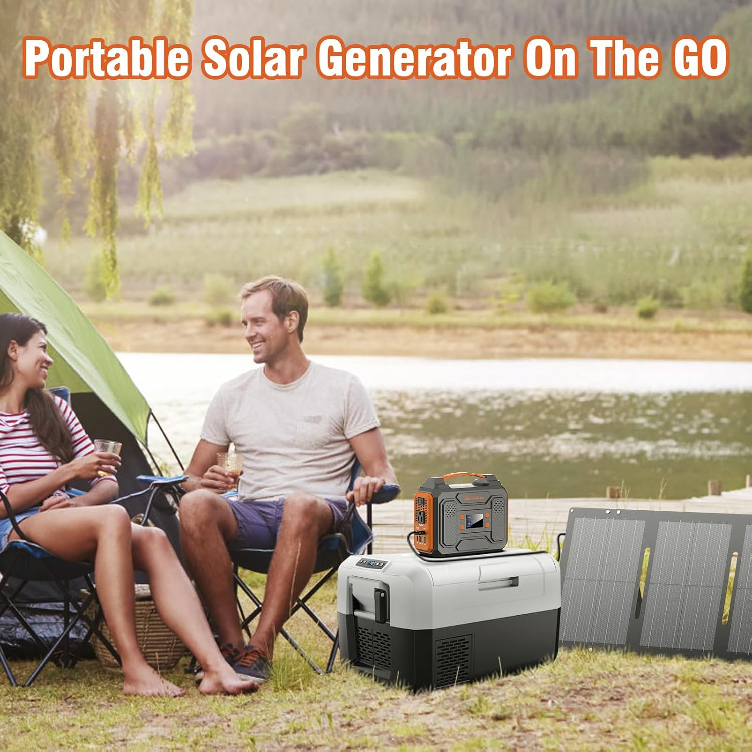 Portable Solar Generator, 300W Portable Power Station with Foldable 60W Solar Panel, 110V Pure Sine Wave 280Wh Lithium Battery Pack with USB DC AC Outlet for Home Use RV Van Outdoor Camping-Orange